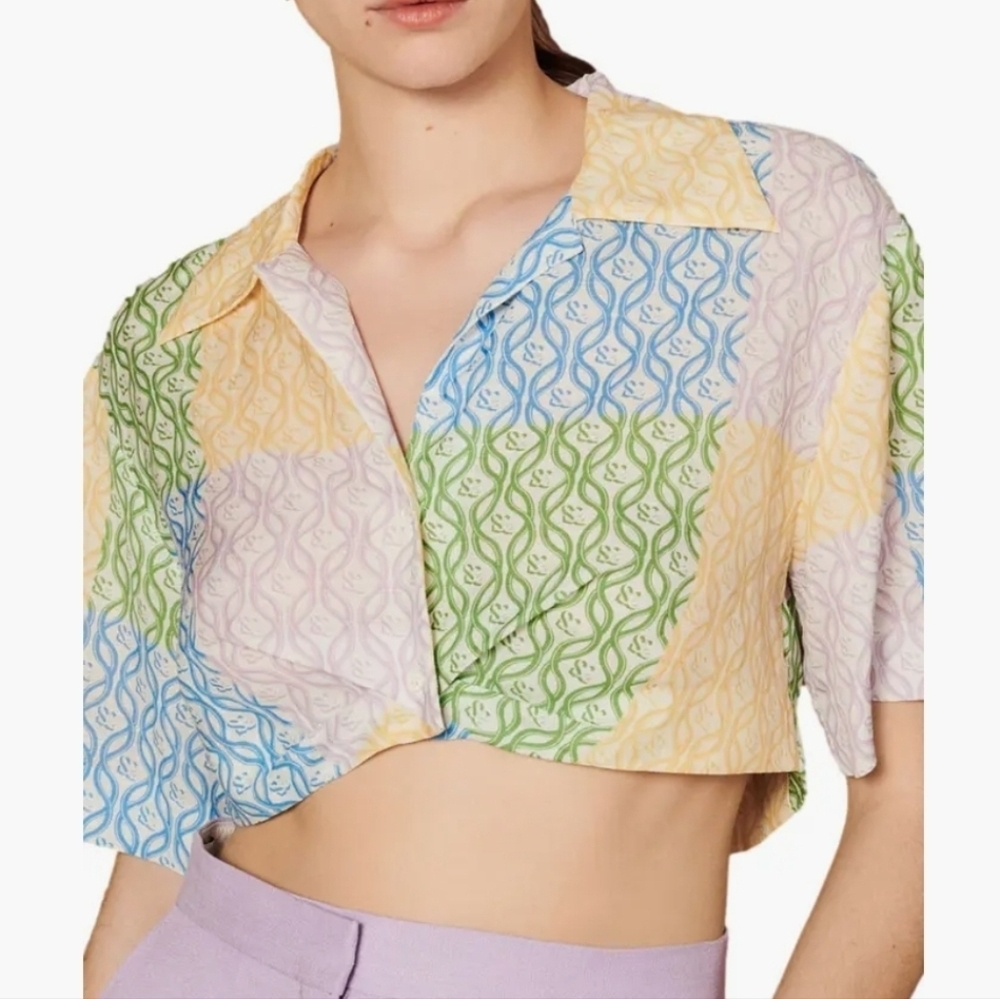 Sandro Leona Cropped Button Down Top In Linen Multi Size 4 NWT